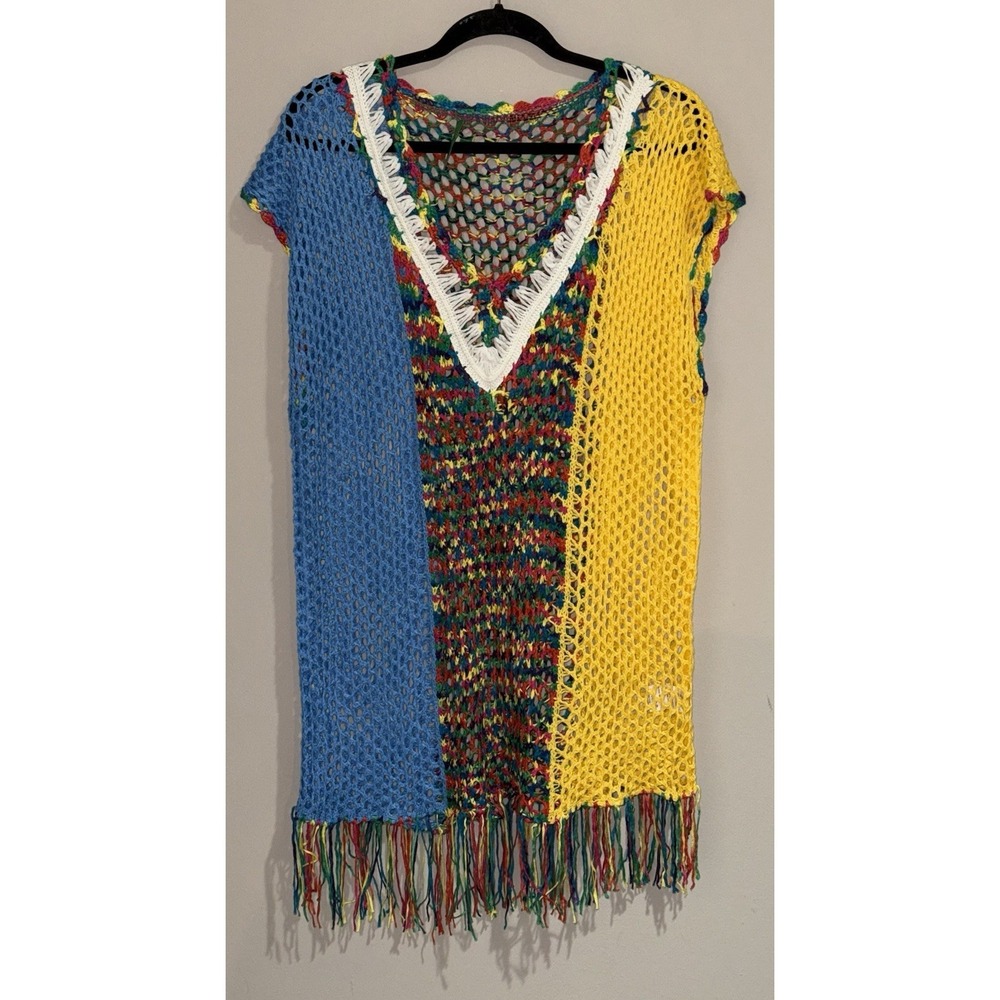 Crochet Knit Beach Cover Up Tunic Boho Festival Fringe Color block Open Knit OS - Picture 2 of 7